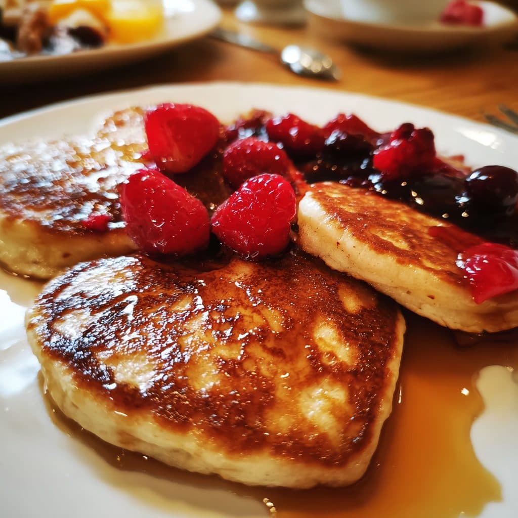 Ein Stapel herzförmiger Pancakes auf einem Teller, übergossen mit Ahornsirup und garniert mit frischen Beeren.