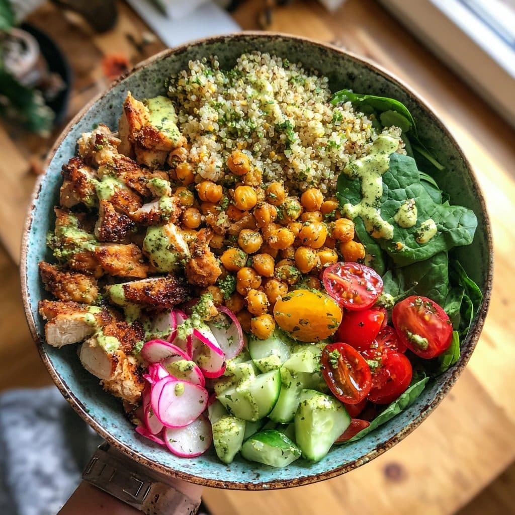 Herzhafte Frühlings-Bowl mit mariniertem Hähnchen und Kichererbsen