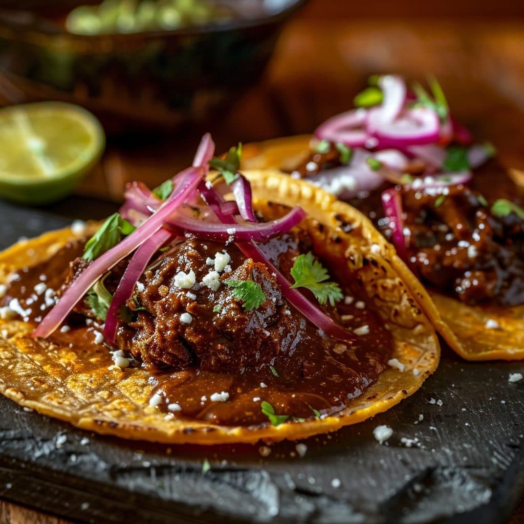 Herzhafte Kakao-Mole Tacos mit Hähnchen und eingelegten Zwiebeln
