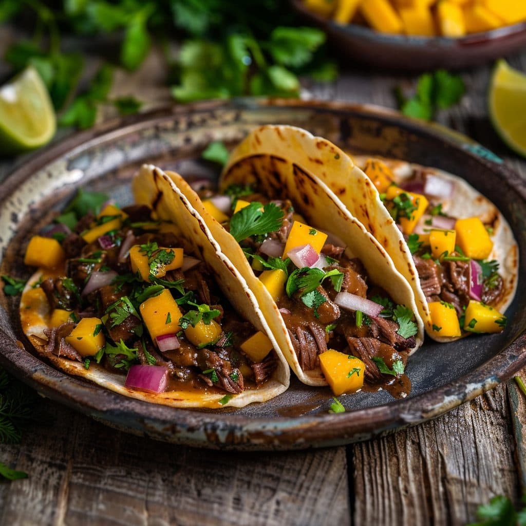 Herzhafte Kakao-Mole Tacos mit Lammhackfleisch und Mango-Salsa