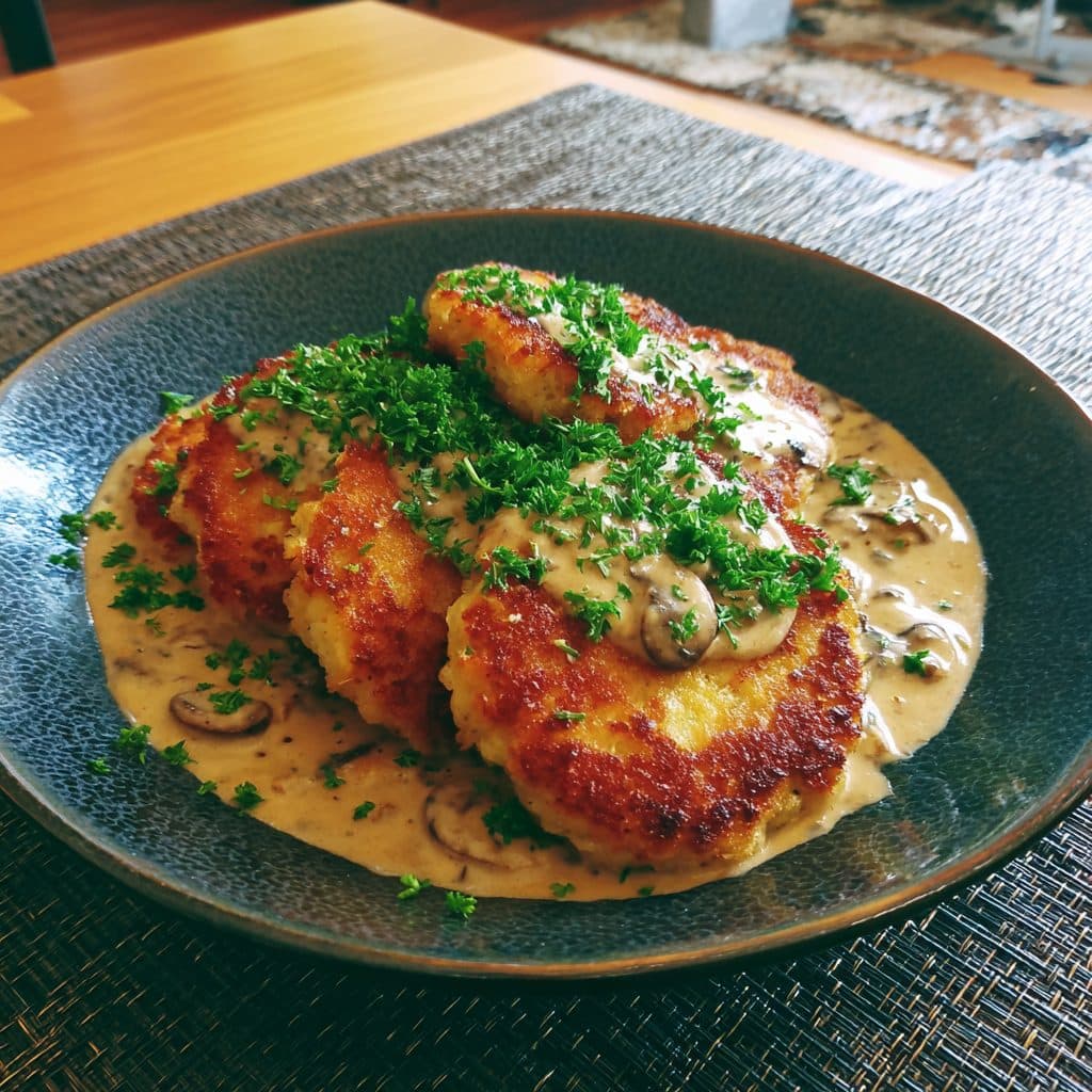 Herzhafte Kartoffelpuffer mit cremiger Pilzrahmsoße