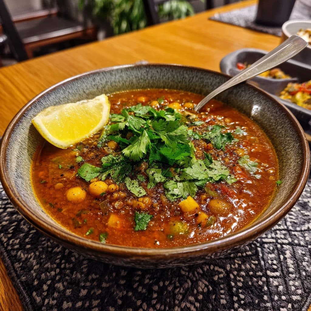 Herzhafte Marokkanische Kichererbsen-Linsensuppe (Harira-Art)