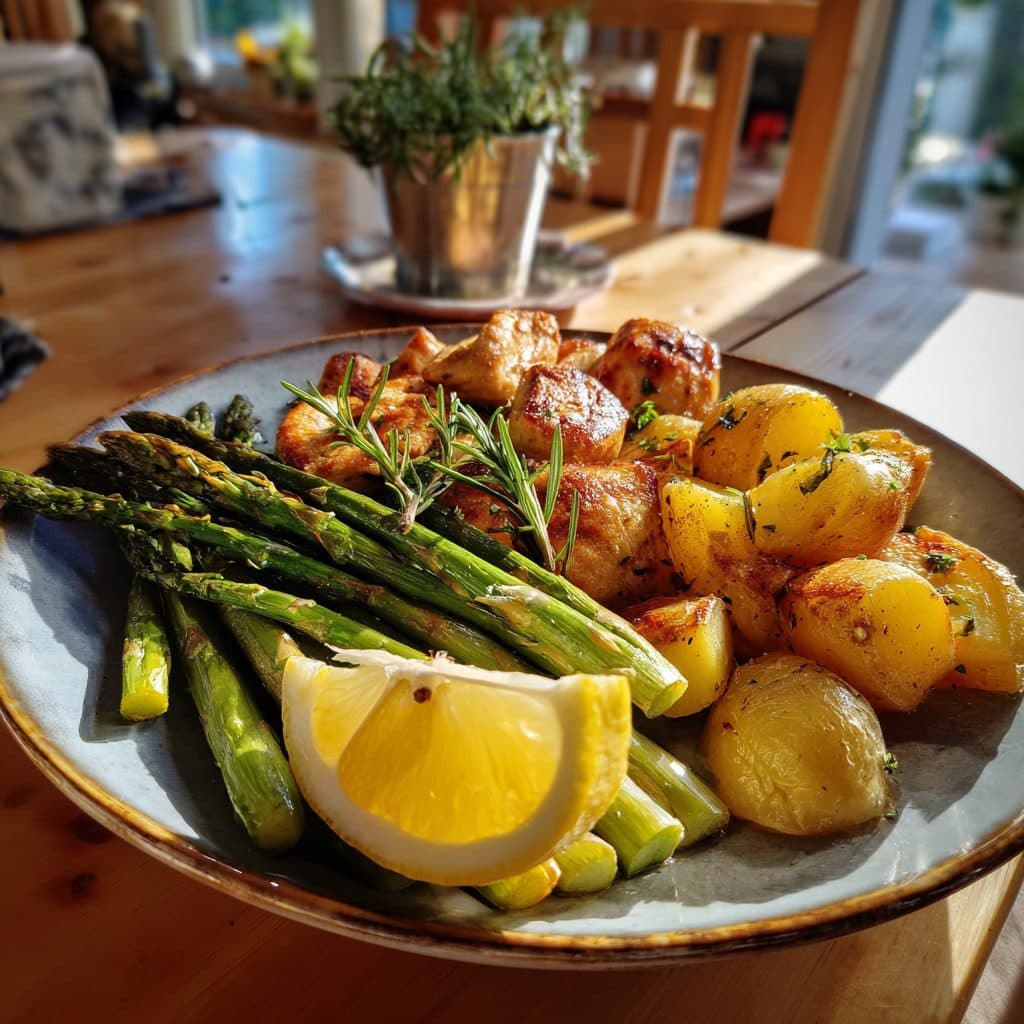 Herzhafte Spargelpfanne mit Hähnchen und Rosmarinkartoffeln