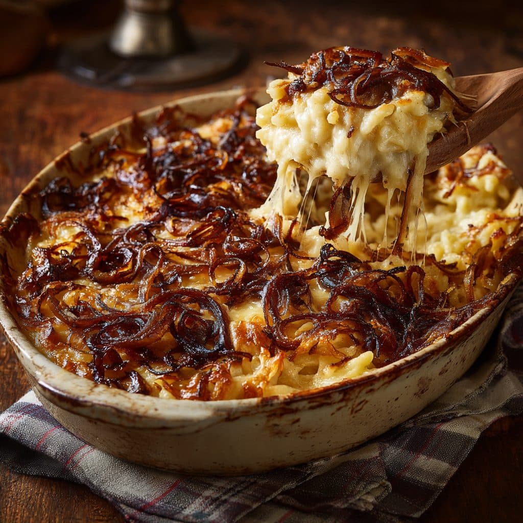 Goldbraun überbackene Käsespätzle in einer Auflaufform mit geschmolzenem Emmentaler und dunkelbraunen karamellisierten Zwiebeln obenauf.