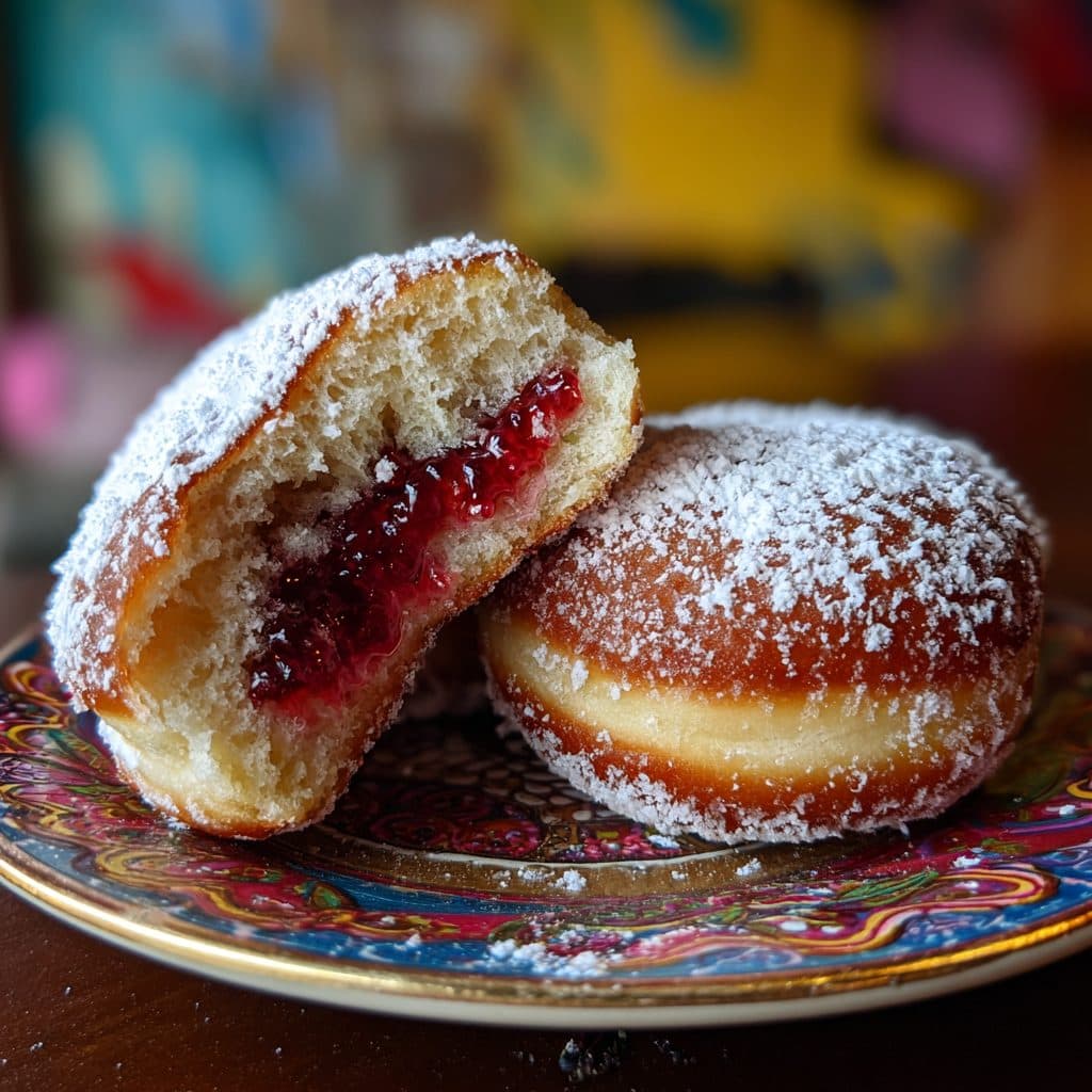 Ein Stapel frischer Berliner Pfannkuchen, dick mit Puderzucker bestäubt, einer davon angeschnitten mit roter Füllung.