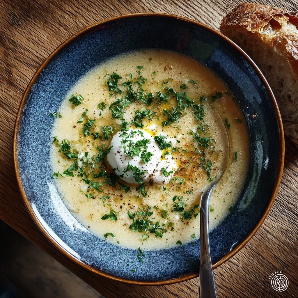 Cremige Kartoffelsuppe in einem tiefen Teller mit frischen Kräutern und einem Klecks Crème fraîche