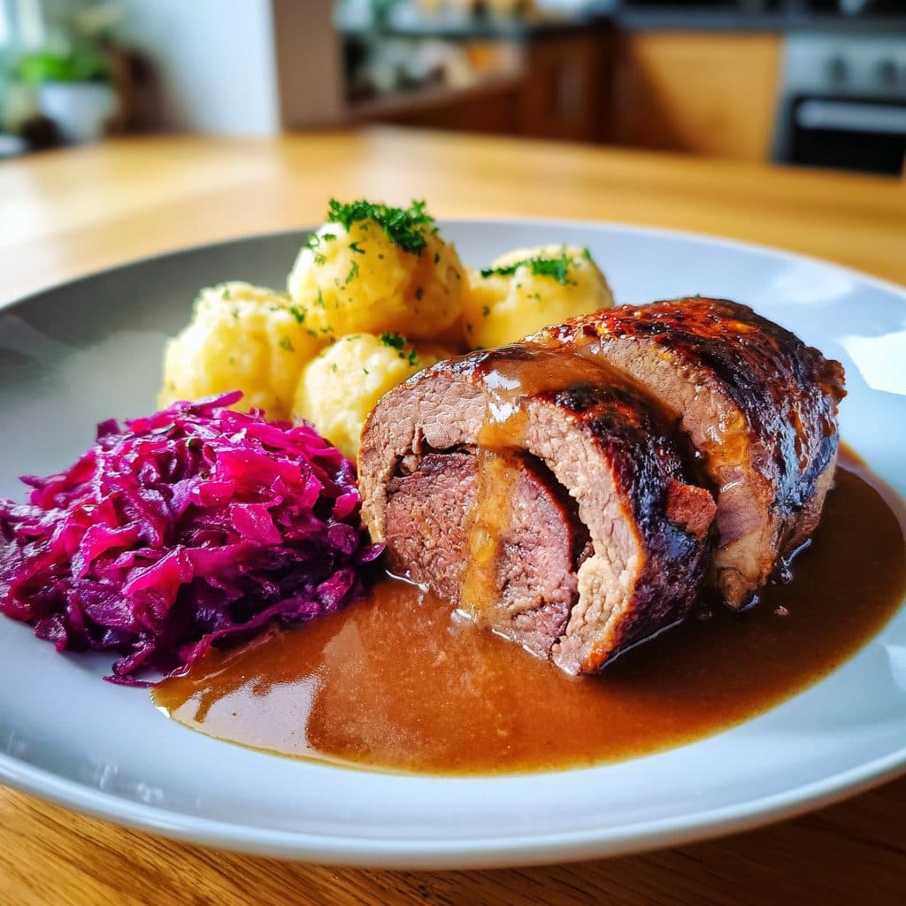 Klassische Rinderrouladen mit Rotkohl und Kartoffelklößen