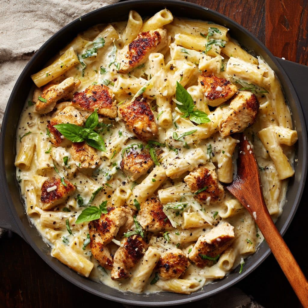 Cremige Knoblauchbutter-Hähnchen Parmesan-Pasta in einer großen Pfanne, garniert mit frischem Basilikum und geriebenem Parmesan.