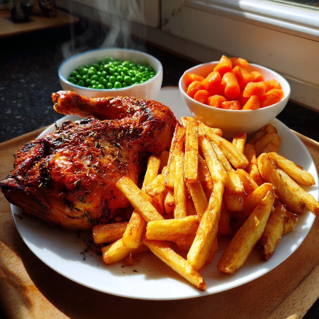 Knuspriges Brathähnchen mit goldenen Ofenpommes & Honig-Gemüse