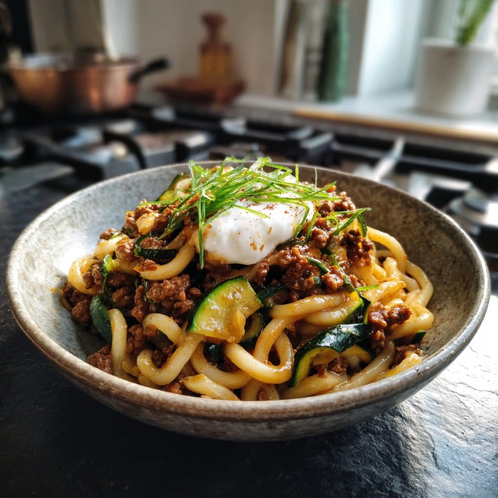 Koreanische Rinderhackfleisch-Udon-Pfanne mit Zucchini und Schmand-Topping