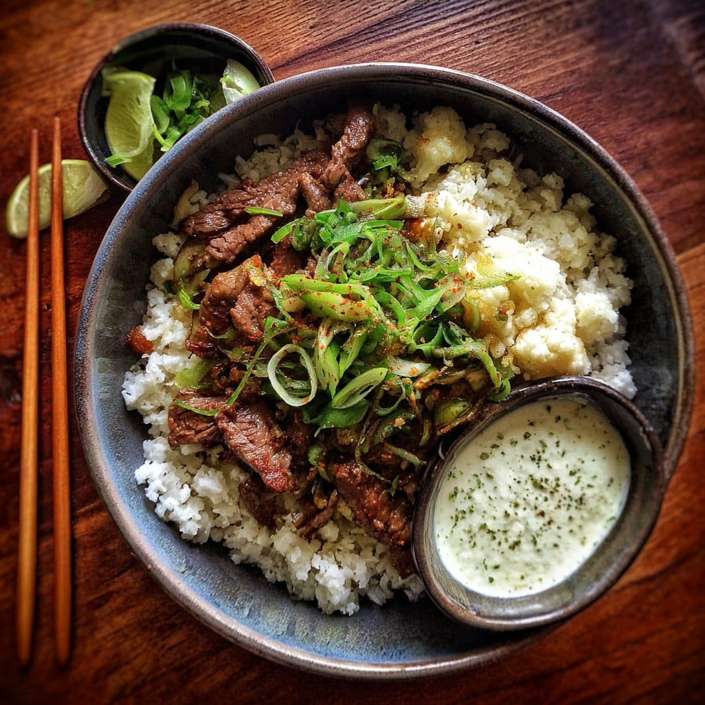 Koreanischer Blumenkohl-Reis mit Rinderfiletstreifen und Schmand-Limetten-Dip