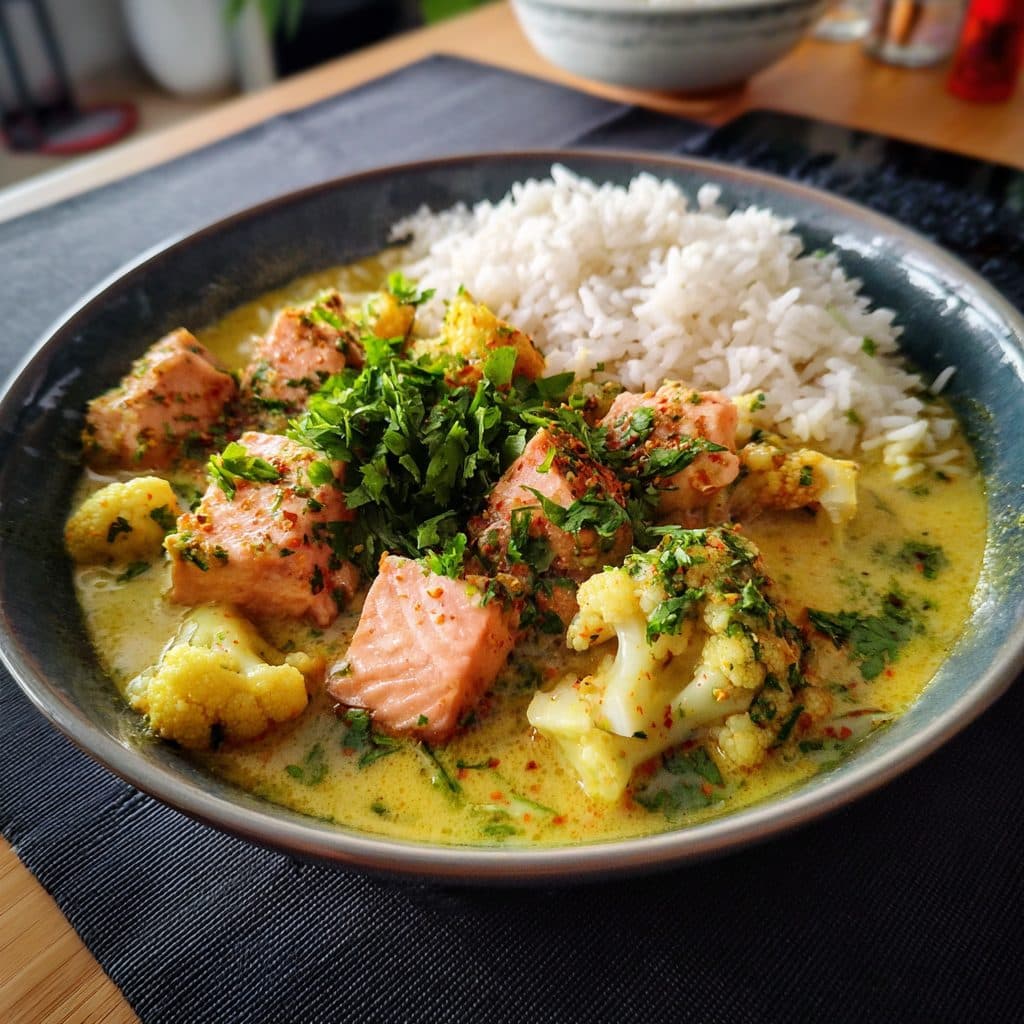 Koreanischer Lachs-Blumenkohl-Curry mit Kokosmilch und Reis