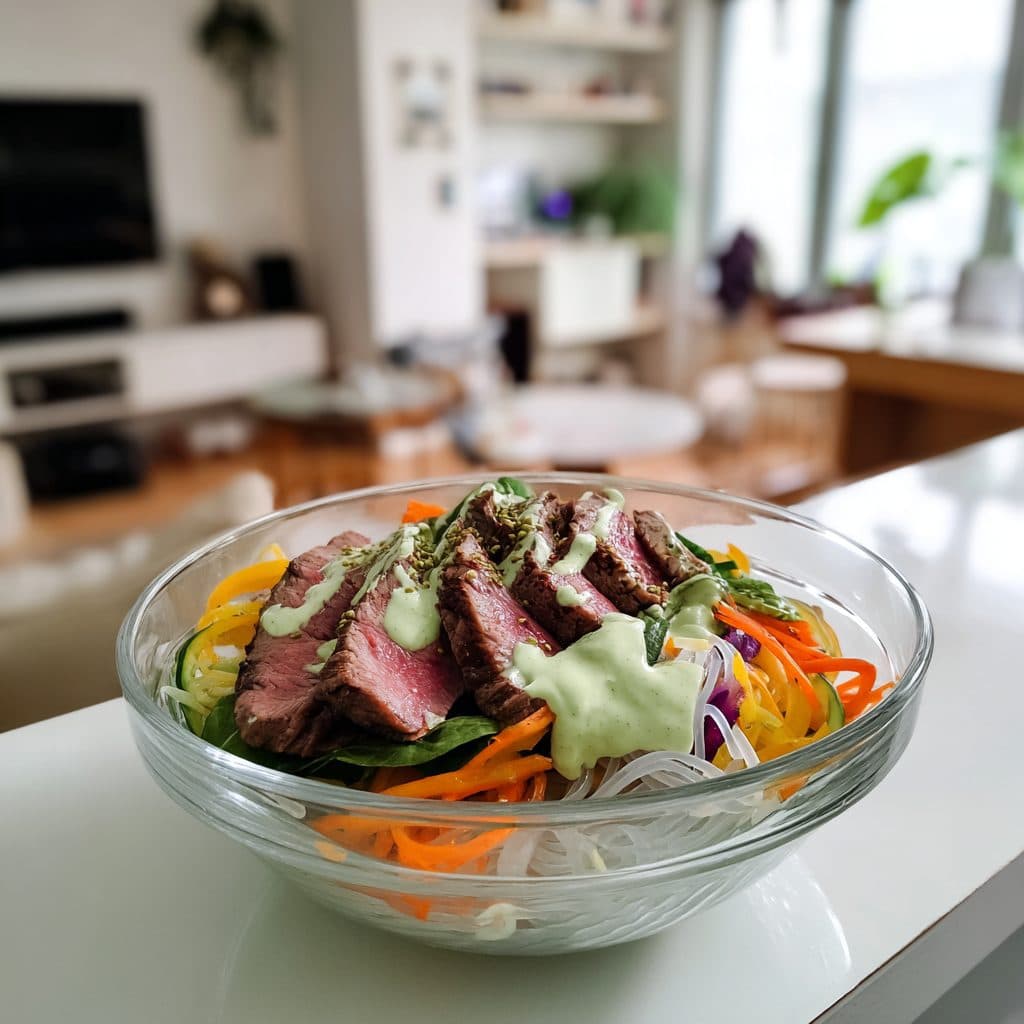 Koreanischer Rinderfilet-Schichtsalat mit Glasnudeln