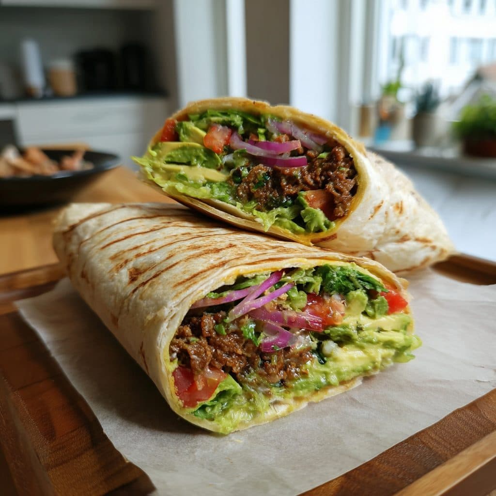 Koreanischer Rinderhackfleisch-Wrap mit Avocado und Rote Zwiebeln