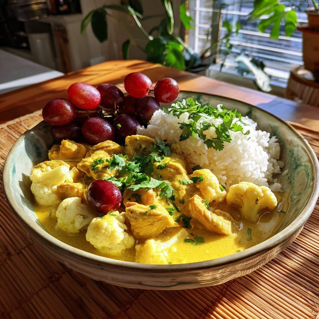 Koreanisches Hähnchen-Curry mit Blumenkohl, Trauben und Reis