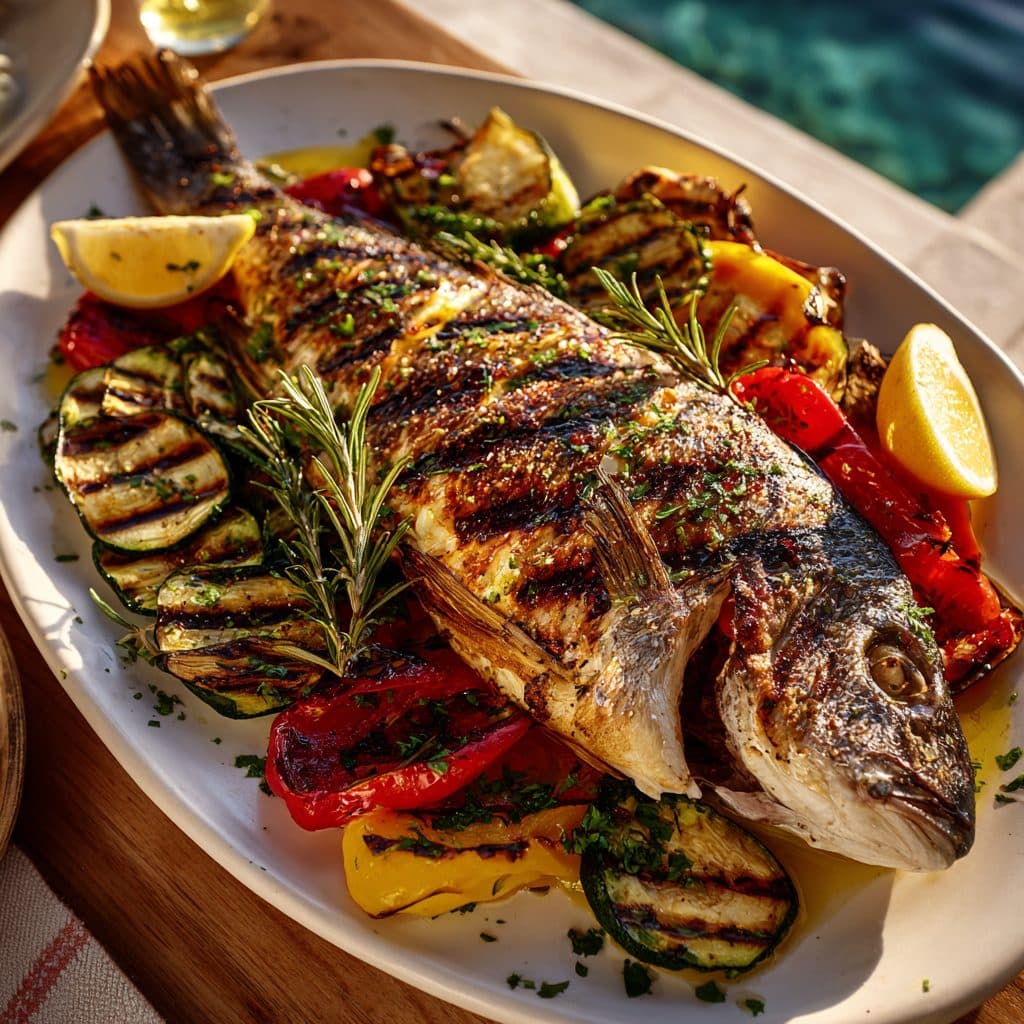 Kroatischer Gegrillter Fisch mit Kräuter-Zitronen-Marinade und Gegrilltem Gemüse