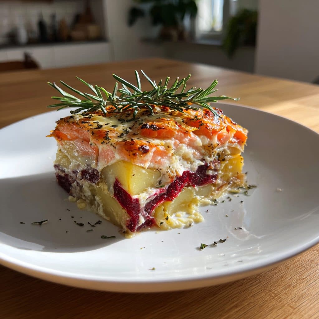 Lachs-Kartoffel-Rote-Bete-Gratin mit Ziegenkäse und Rosmarin