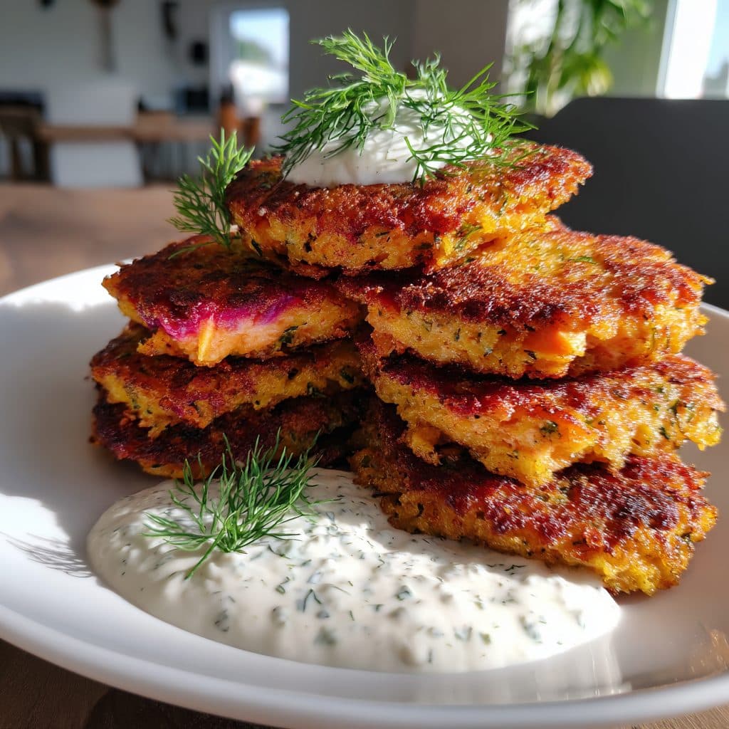 Lachs-Rote Bete-Puffer mit Sauerrahm-Dill-Dip