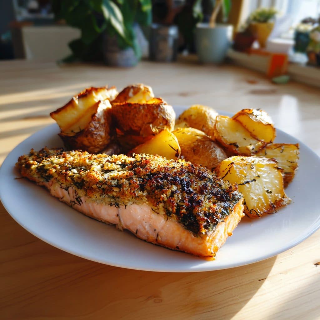 Lachsfilet mit knuspriger Bärlauch-Kruste und Rosmarinkartoffeln