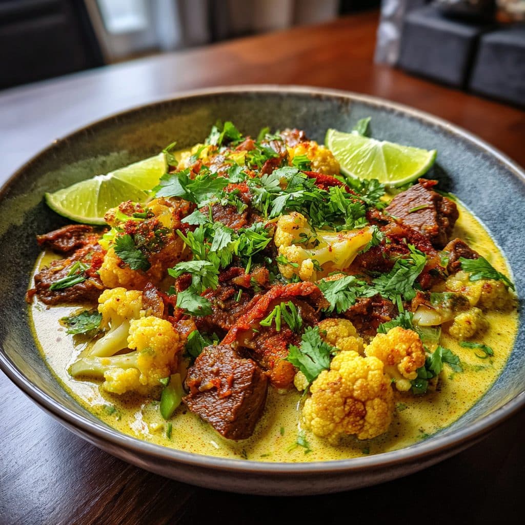 Low-Carb Blumenkohl-Rinderfilet-Curry mit Kokosmilch und Limette