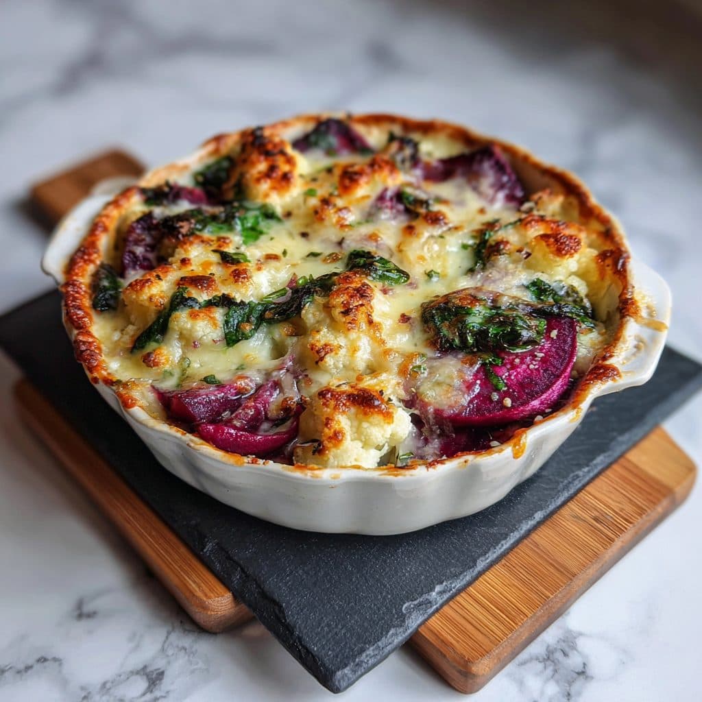 Low-Carb Blumenkohl-Rote Bete-Gratin mit Ziegenkäse und Spinat