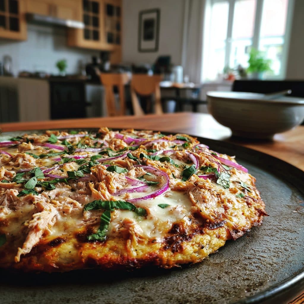 Low-Carb Blumenkohl-Thunfisch-Pizza mit Mozzarella und Rote Zwiebeln