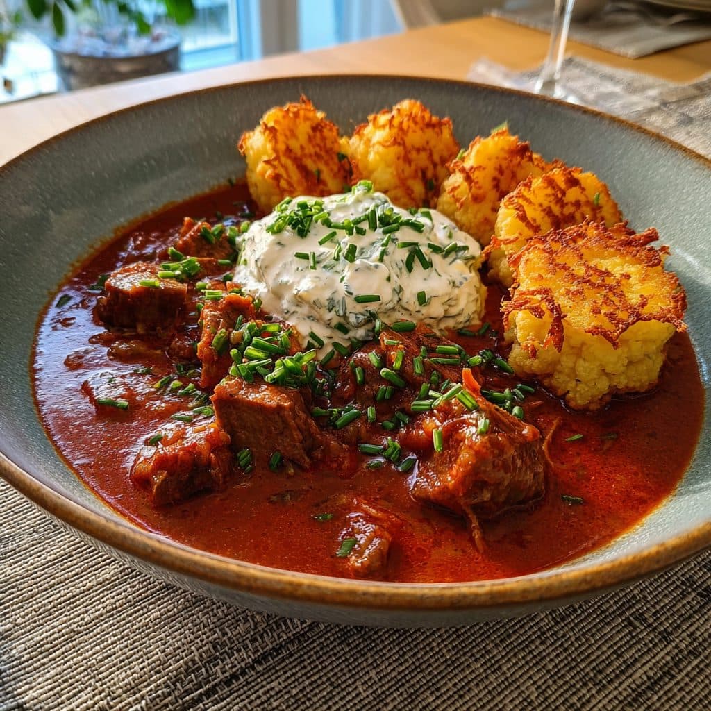 Low-Carb Putengulasch mit Blumenkohl-Puffer und Sauerrahm-Dip
