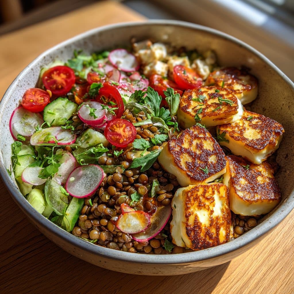 Mediterrane Linsen-Frühlings-Bowl mit Halloumi