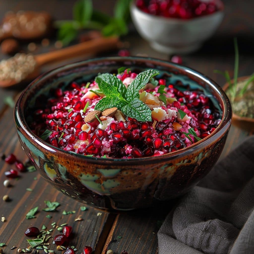 Nahöstlicher Rote-Bete-Linsen-Eintopf mit Walnüssen und Granatapfel
