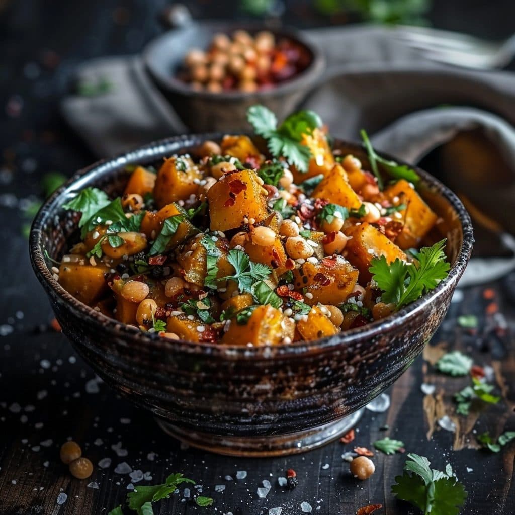 Nahöstlicher Süßkartoffel-Kichererbsen-Eintopf mit Harissa
