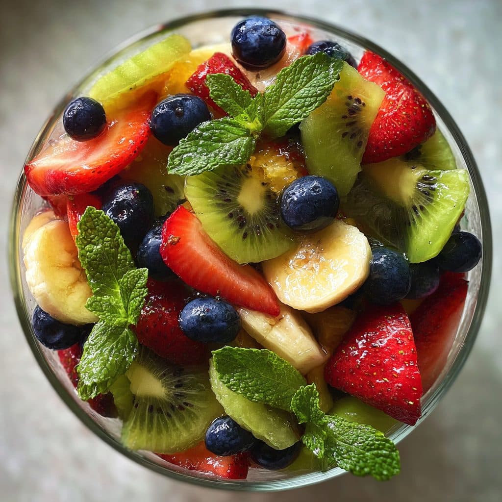 Bunter Obstsalat mit Erdbeeren, Blaubeeren, Kiwi und Minzblättern in einer Glasschüssel