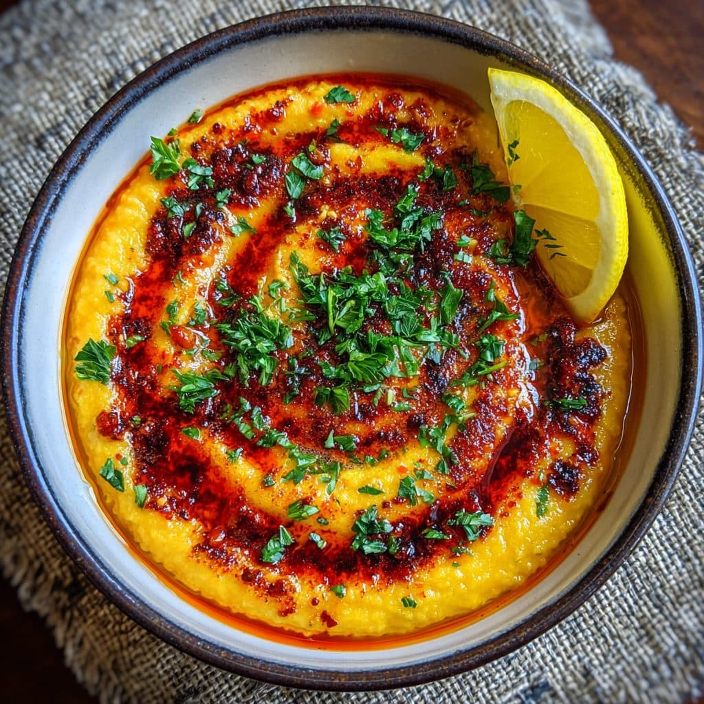 Eine Schüssel gelb-orange Linsensuppe mit einem Klecks Paprikabutter und Zitrone.