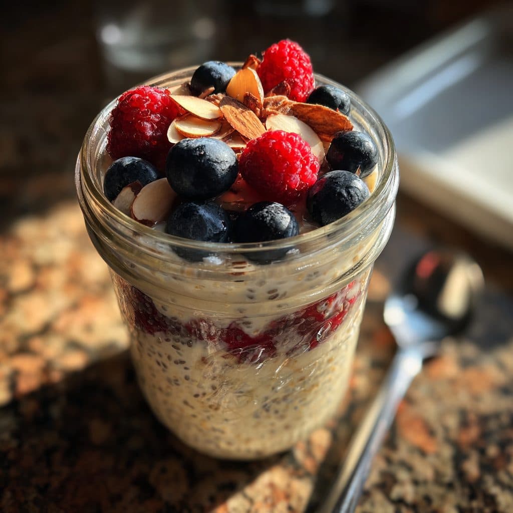 Glas mit cremigen Overnight Oats geschichtet mit frischen Blaubeeren und Himbeeren, Chiasamen sichtbar