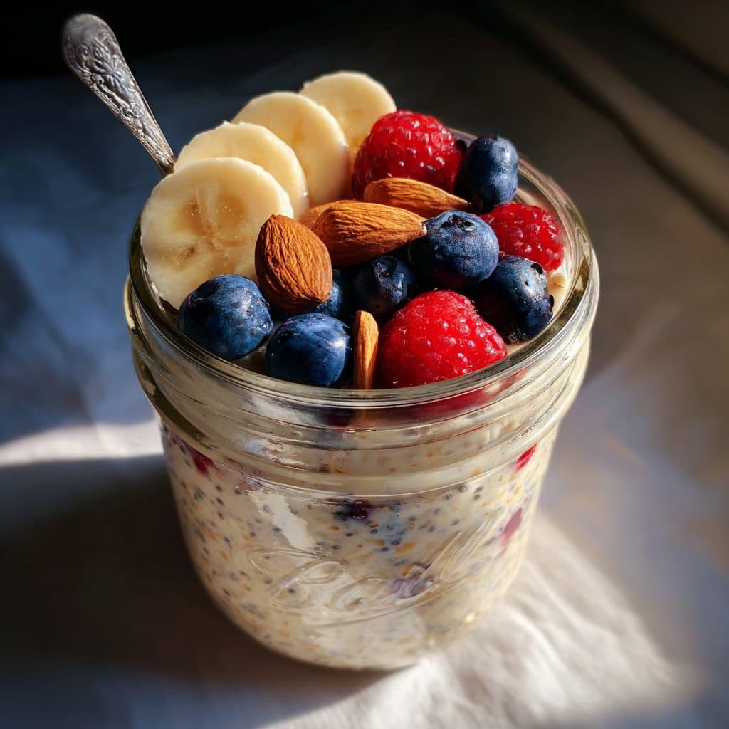 Overnight Oats mit Chiasamen in einem Einmachglas, getoppt mit frischen Beeren und Bananenscheiben