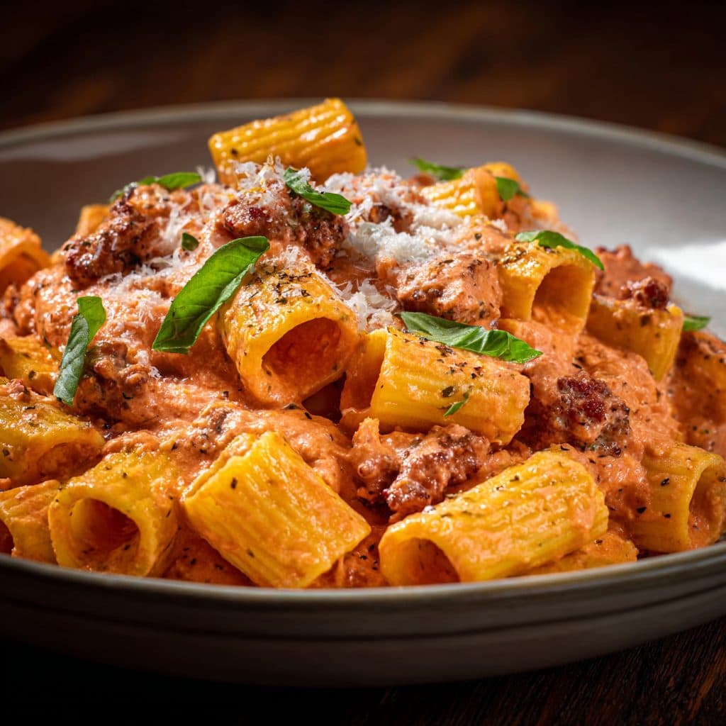Pasta alla Zozzona – Rigatoni in einer cremigen, rosafarbenen Tomaten-Carbonara-Sauce mit Fleischstücken und Pecorino Romano, garniert mit frischem Basilikum.