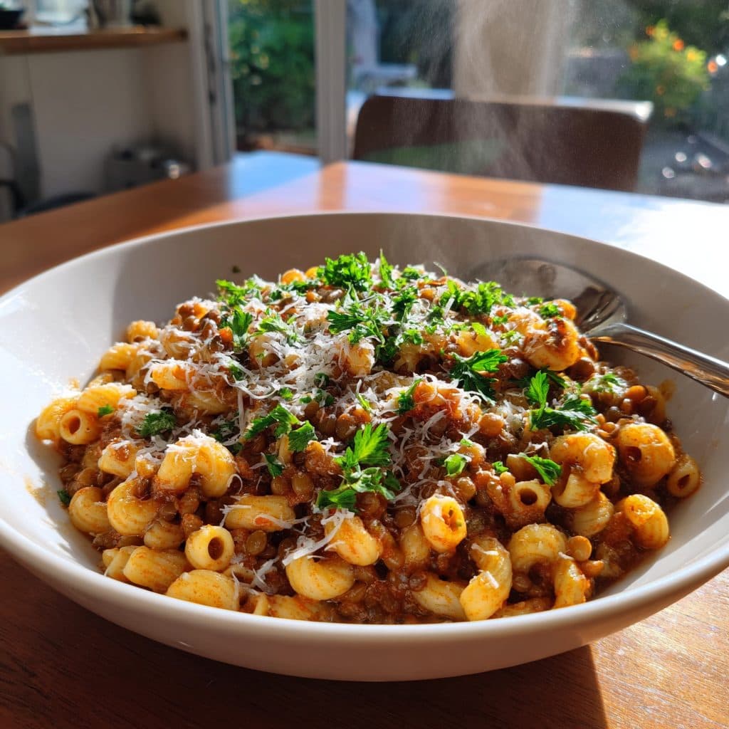 Pasta e Lenticchie in einer tiefen Schüssel, kleine Pasta mit braunen Linsen in einer cremigen Tomatensauce, bestreut mit Parmesan und frischer Petersilie.