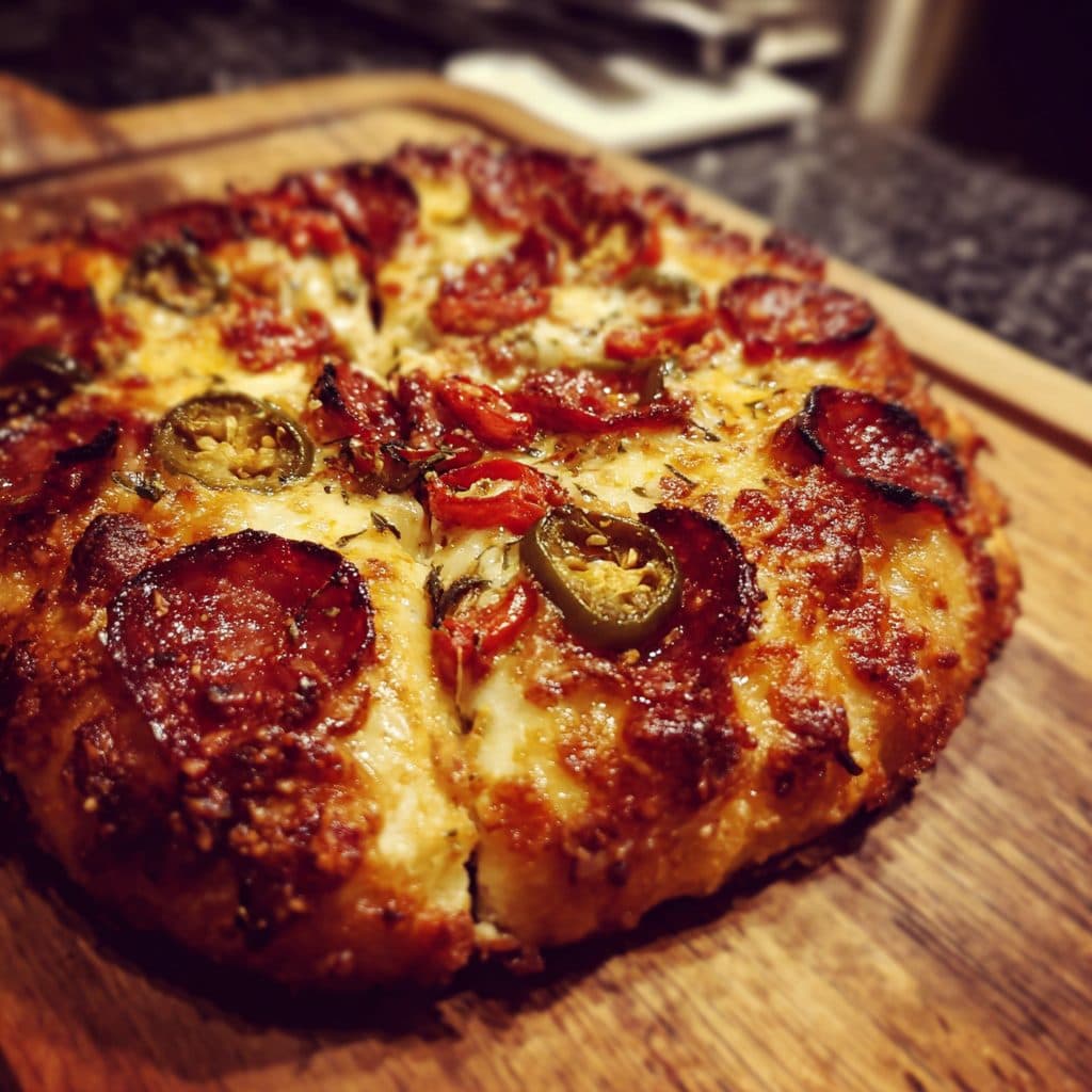 Eine dampfende Pizza direkt aus dem Ofen mit geschmolzenem Käse und dunklen Salamischeiben.
