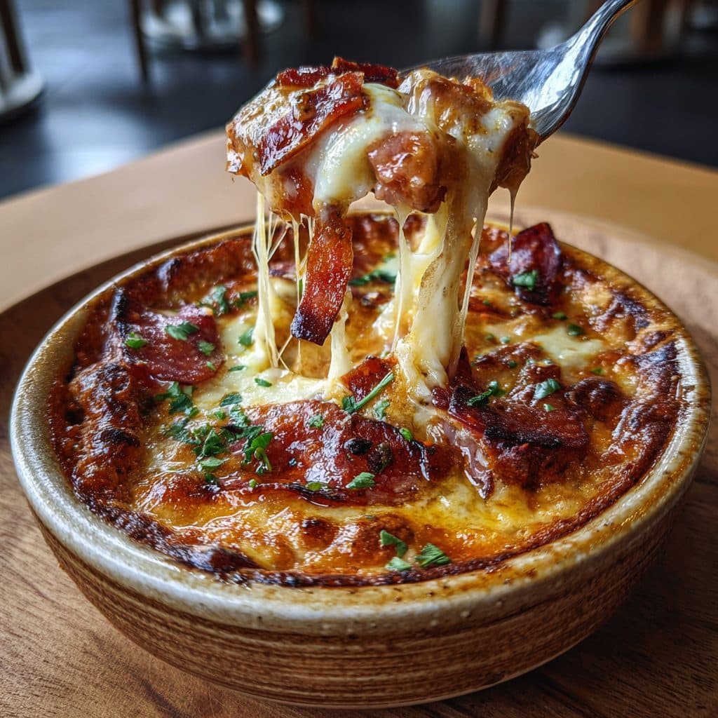 Ein großer Topf mit dampfender Pizzasuppe, obenauf geschmolzener Käse und frische Kräuter.