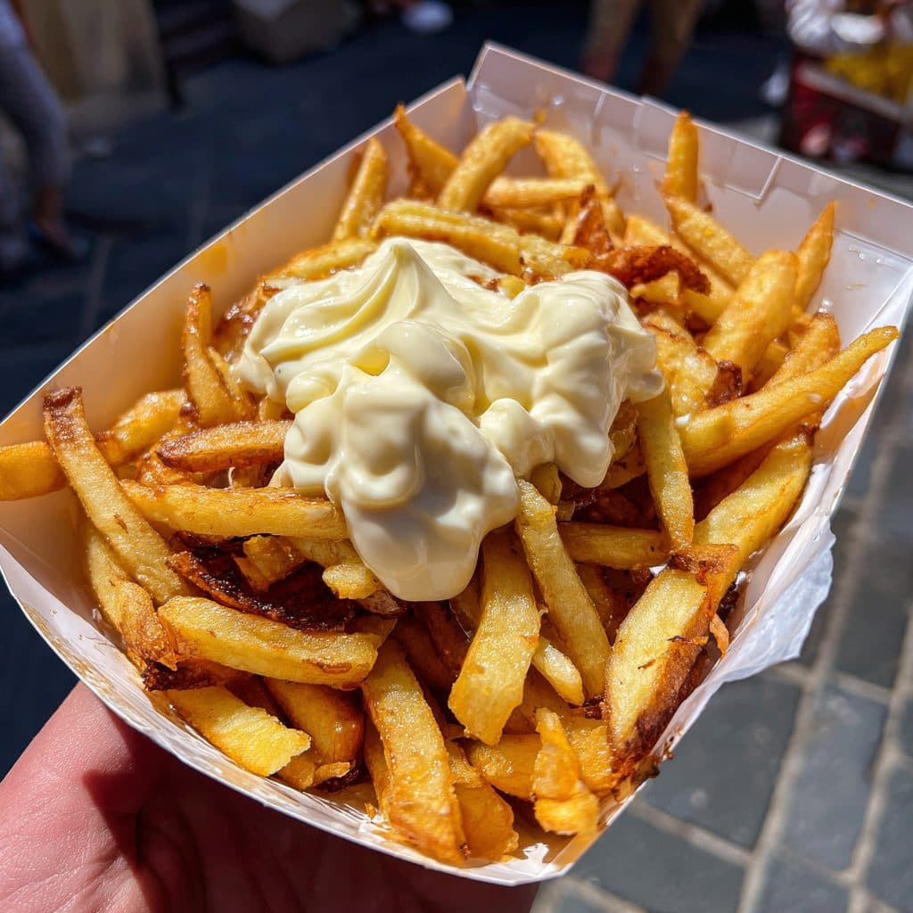 Knusprige Pommes Frites in einer Pappschale mit einem großen Klecks cremiger Mayo obendrauf, ein paar Pommes ragen aus der Sauce heraus.