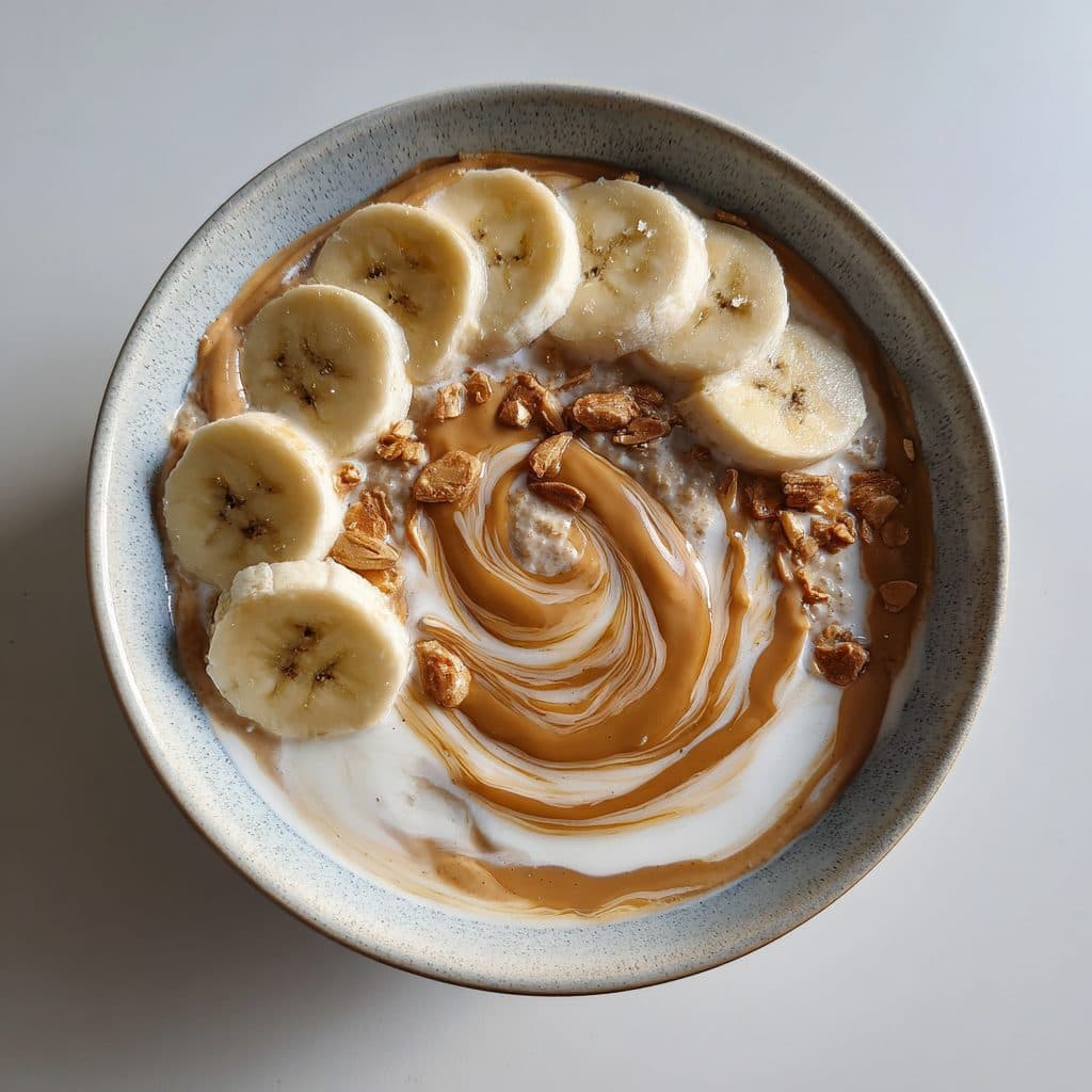 Eine Schüssel mit warmem Haferbrei, Bananenscheiben und einem großen Löffel Erdnussbutter.
