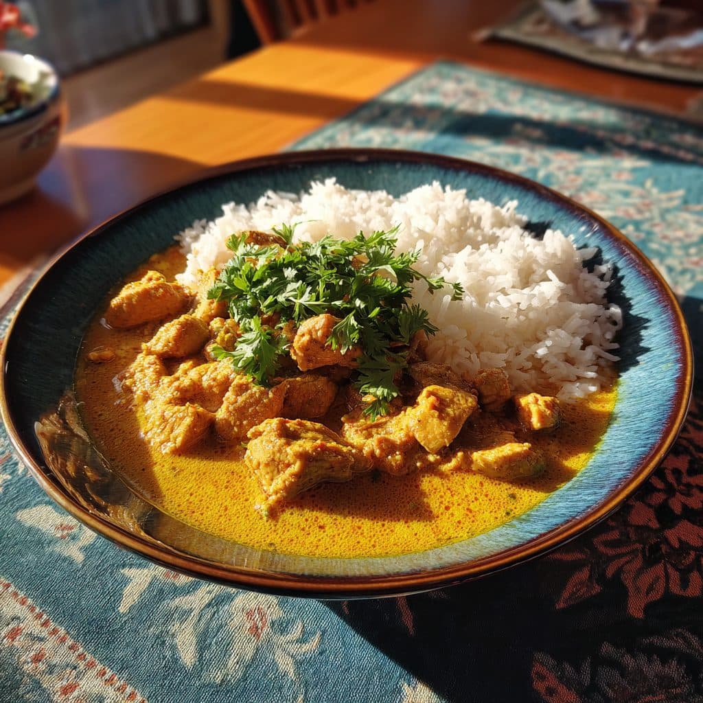 Putengulasch mit Kurkuma-Kokos-Curry und Basmatireis