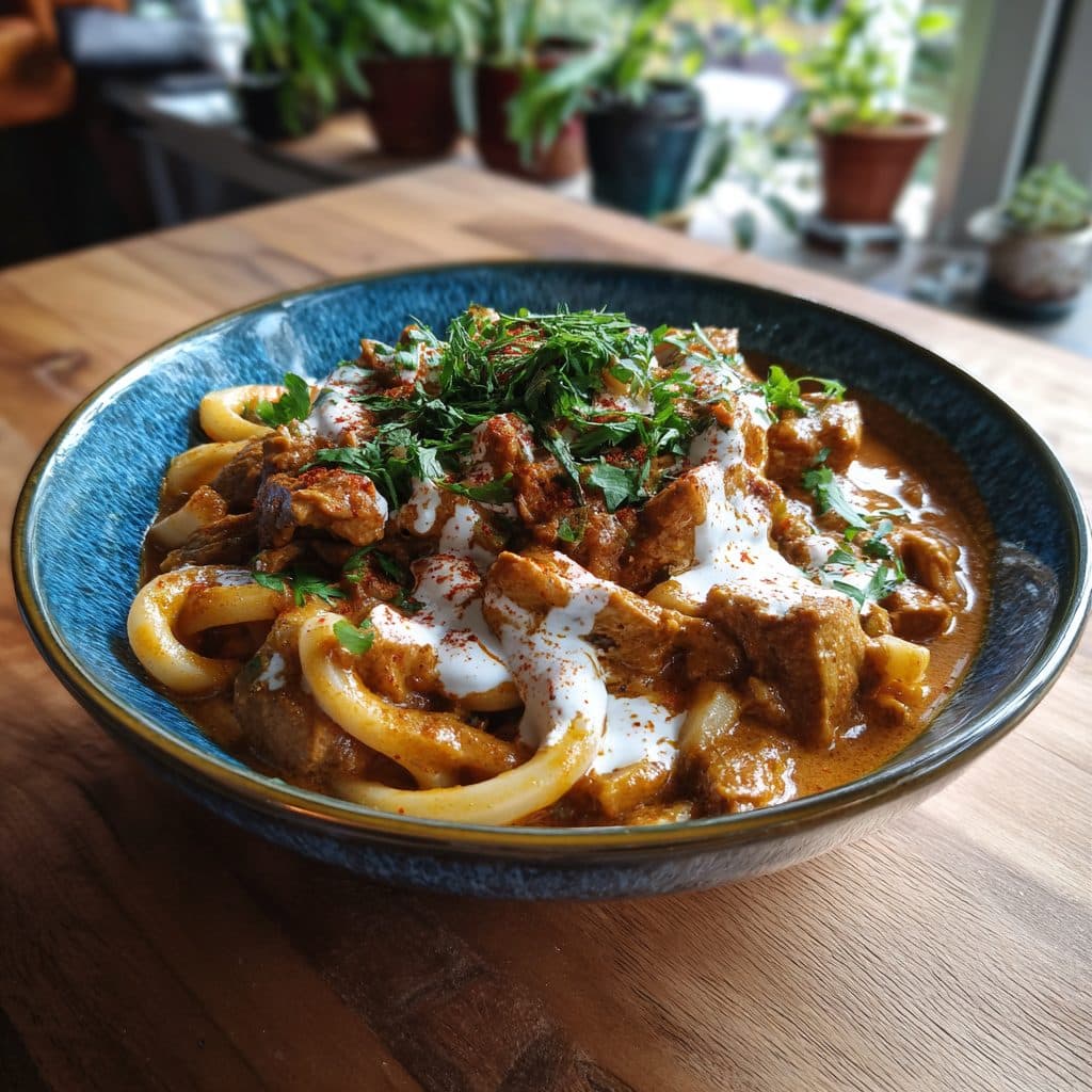 Putengulasch mit Udon-Nudeln und Schmand
