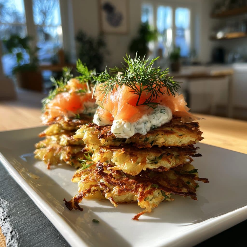 Raffinierte Kartoffelpuffer mit Räucherlachs und Dill-Kräuterquark