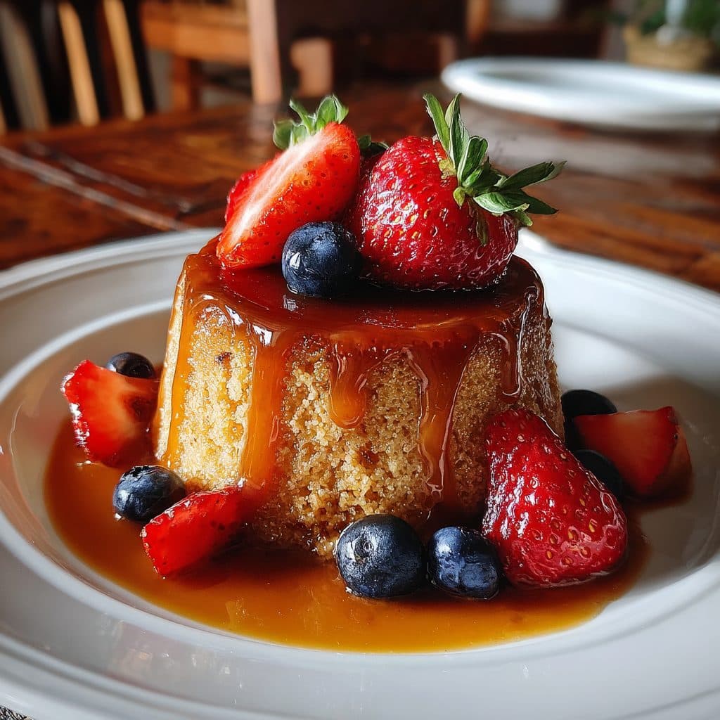 Retro Grießpudding mit Karamellsauce und Früchten