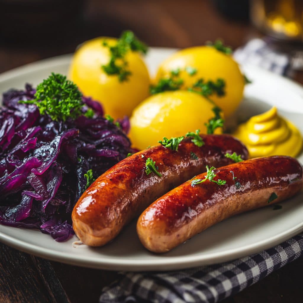Rinderbockwurst mit Rotkohl und Salzkartoffeln