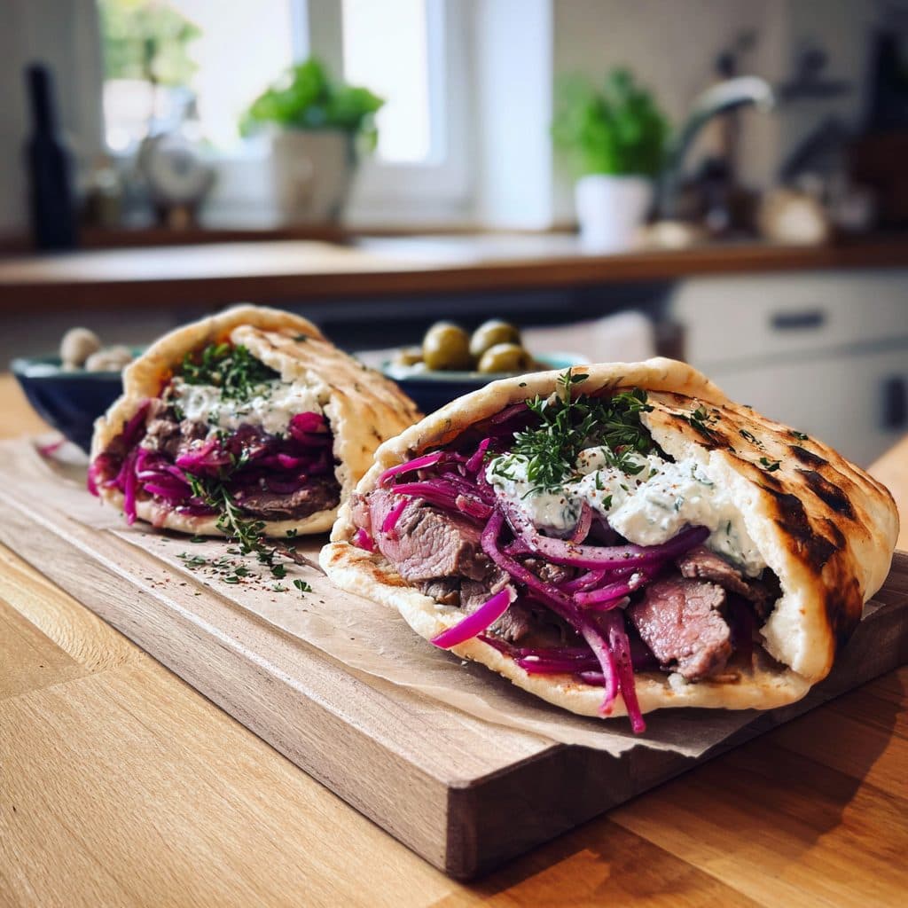 Rinderfilet-Pitas mit Feta, Rote Zwiebeln und Tzatziki-Aufstrich