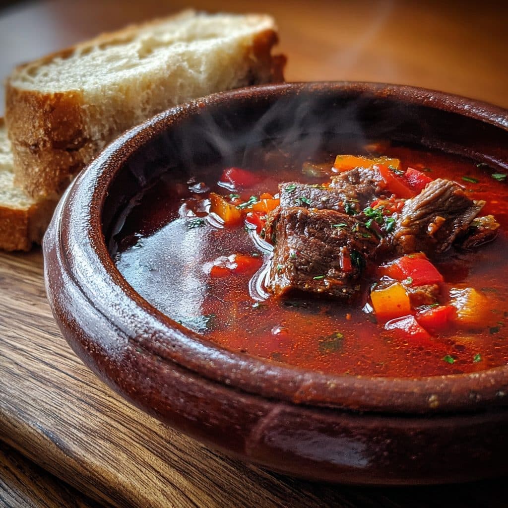 Dampfende Rindergulaschsuppe in einem Tontopf mit sichtbaren Fleischstücken und Paprikasauce, daneben ein Stück Brot