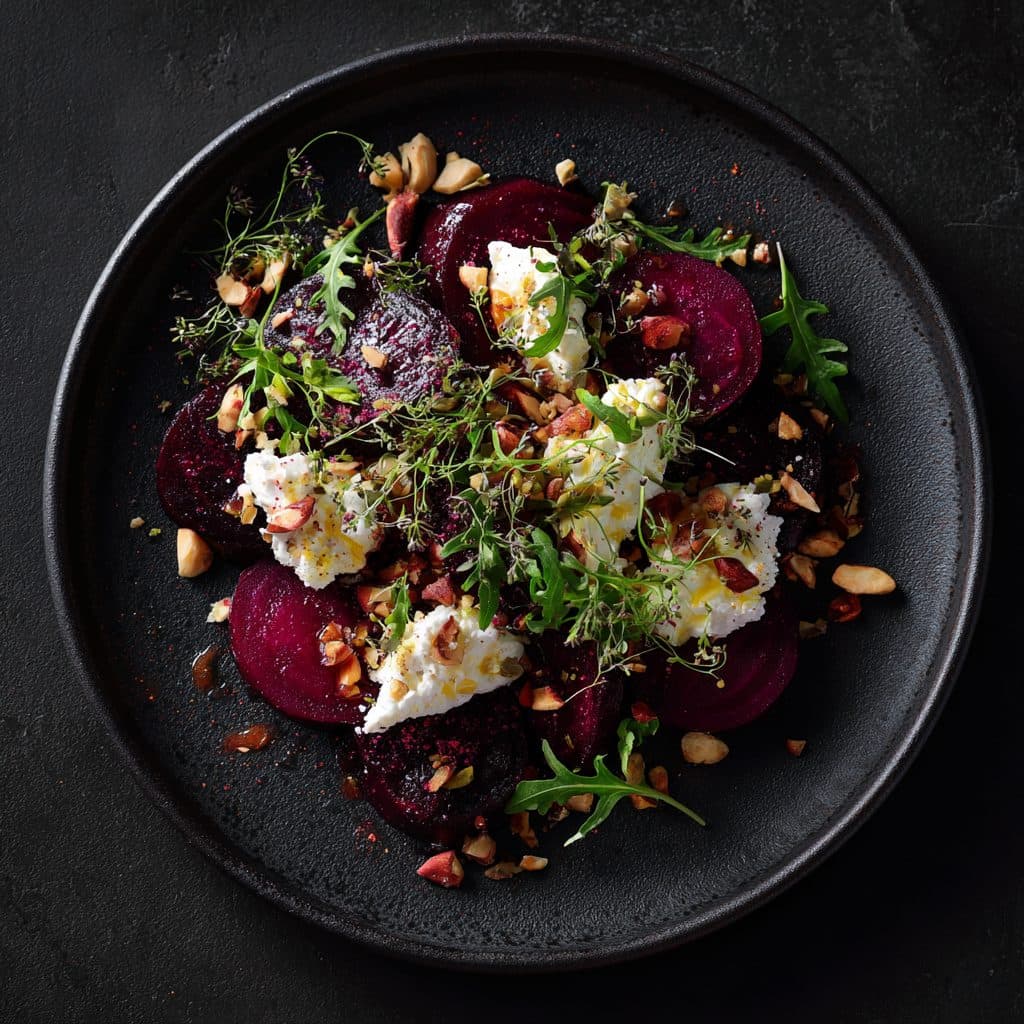 Rote Bete Würfel auf Rucola, getoppt mit einer runden Scheibe gratiniertem Ziegenkäse und Walnüssen.