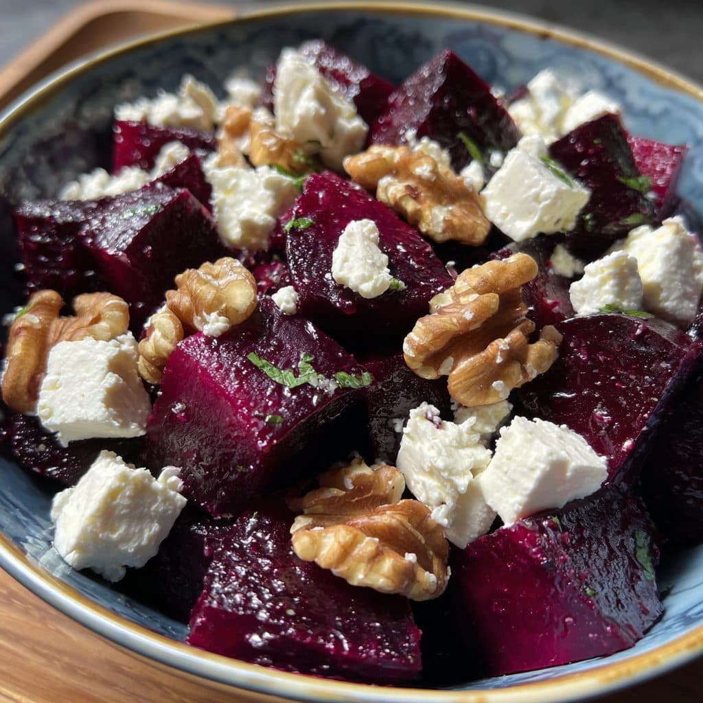 Lila Rote-Bete-Würfel mit weißen Feta-Stücken und Nüssen in einer Schüssel.