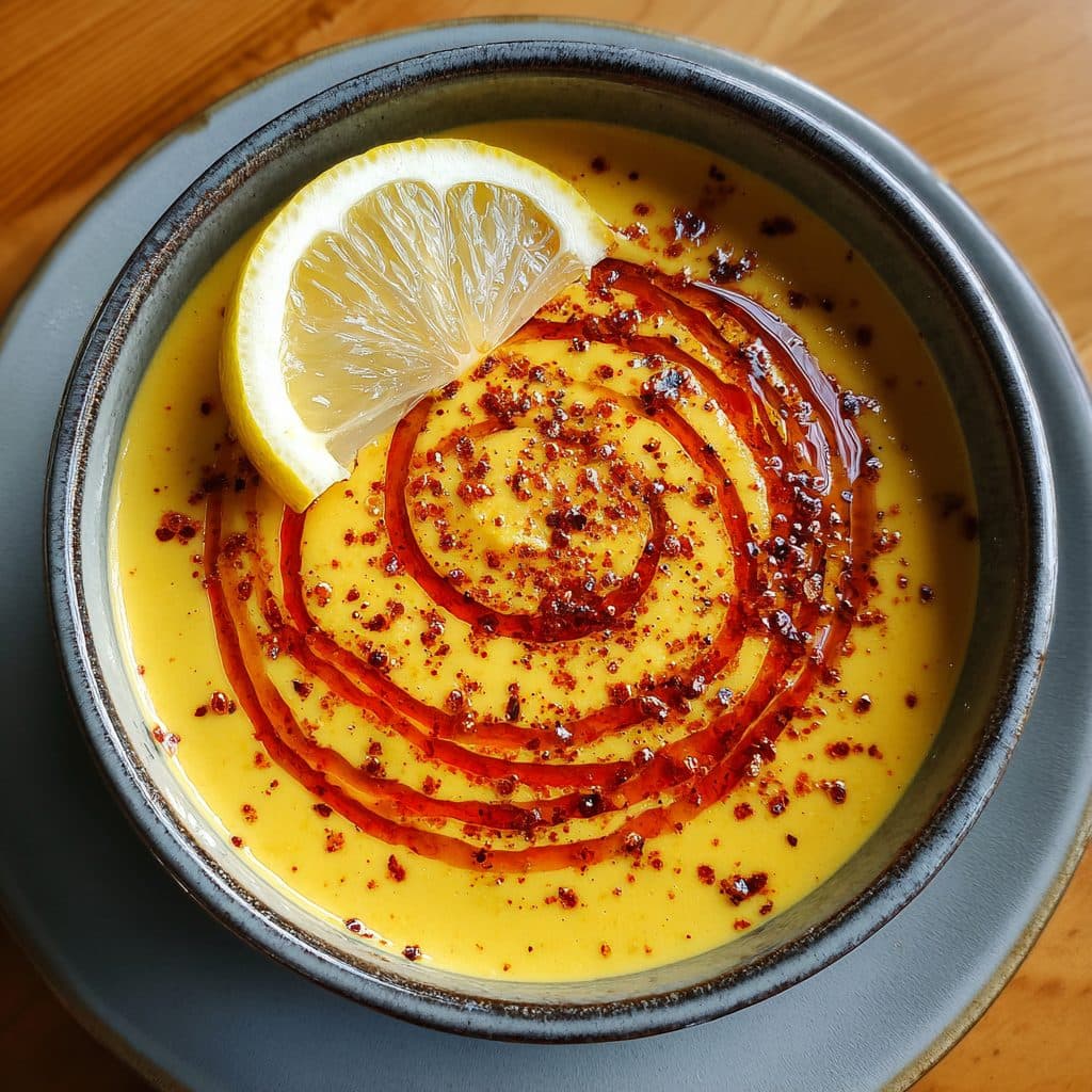 Eine Schüssel mit gelber Linsensuppe, garniert mit Paprika-Öl und einer Zitronenecke.
